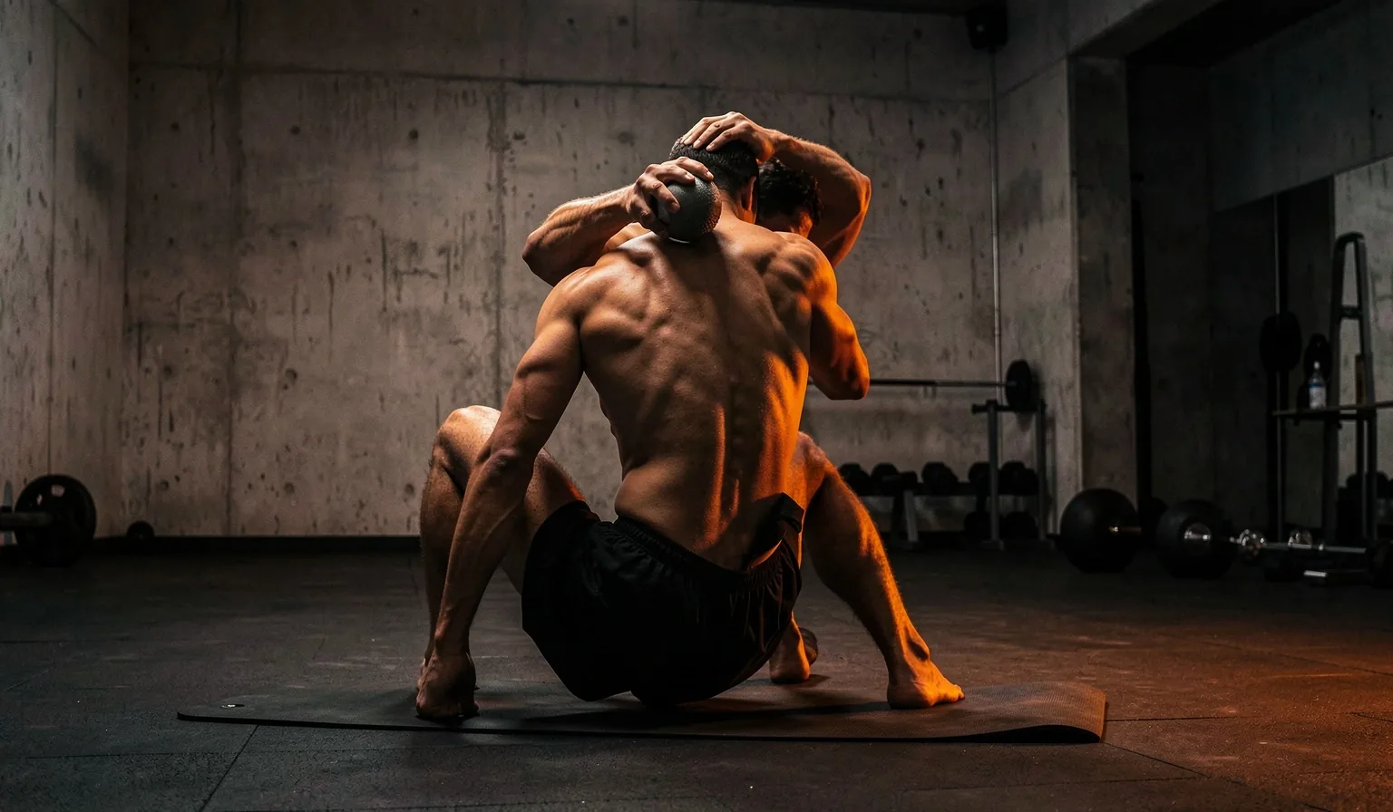 Athlete using a peanut massage ball on the upper back