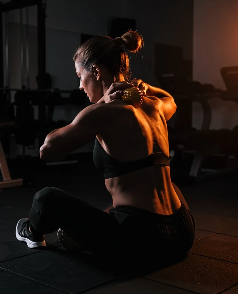 Person using a peanut massage ball on upper back