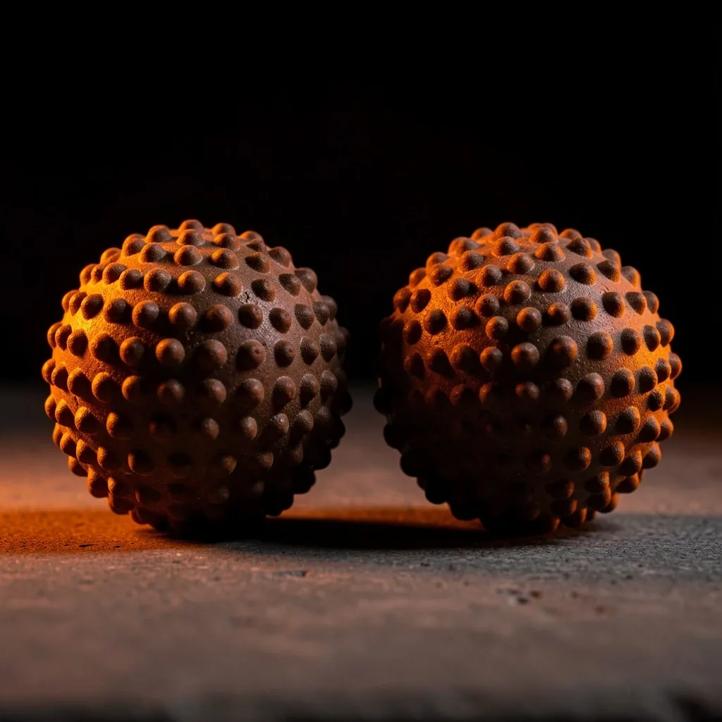 Peanut massage balls on a dark surface under dramatic lighting