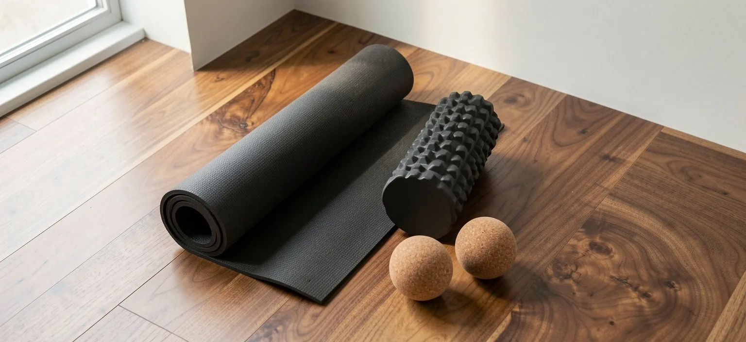 Home recovery station with mat, roller, and massage balls