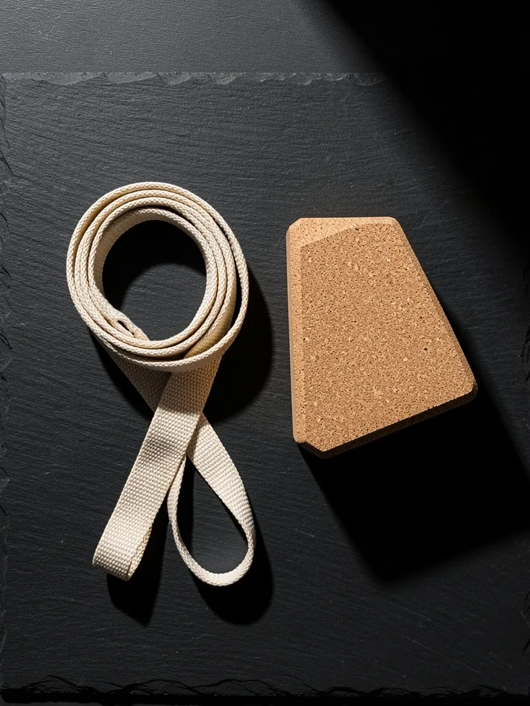 Stretching strap and cork yoga block on a dark surface